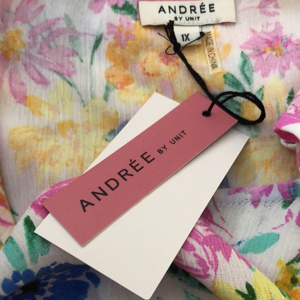 Andree by Unit Multi Color Floral Fringe Ruffle Sleeve Babydoll Top size 1X - Picture 10 of 11
